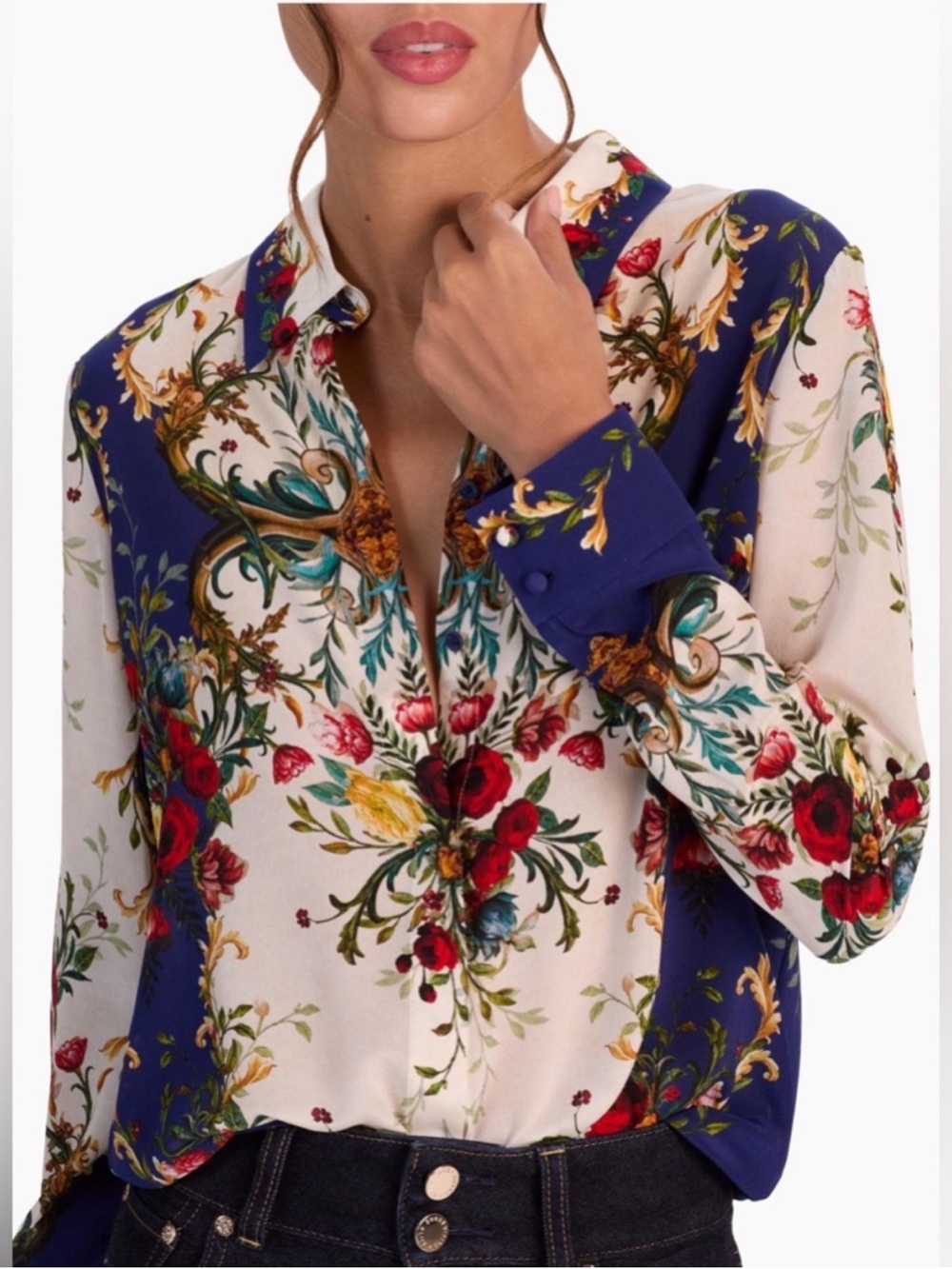 Alice + Olivia Ivory Blouse with Teal & Gold Baroque Print